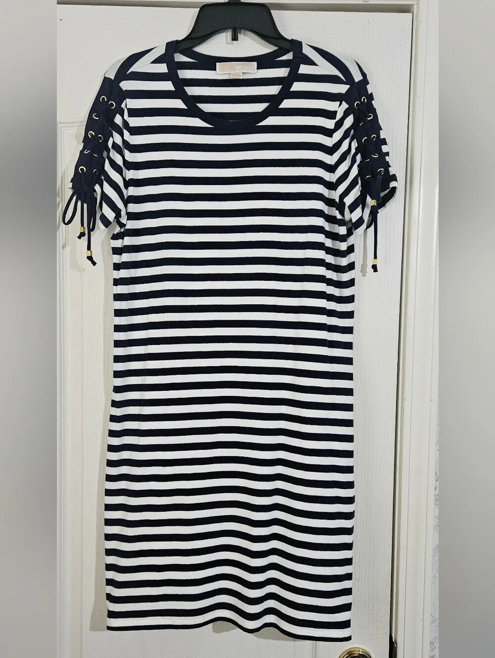 Michael Kors Striped Navy and White Lace-Up Sleeve Dress